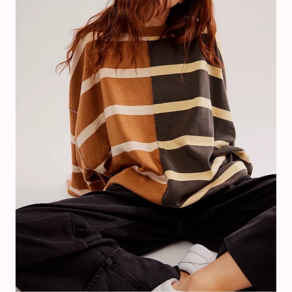Free People Uptown Stripe Pullover Sweater Spice Oatmeal Combo Size Small